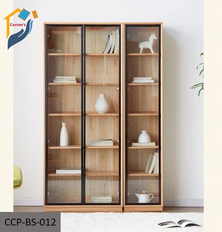 Mordan Elegant Book shelf Made of Solid Mahogony Wood, Canadian OAK Veneer, Clear 4mm Glass, Dual color lacquer finish