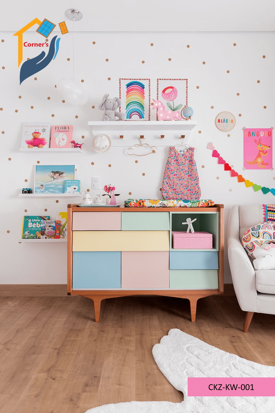 Kids chest of drawer made of Mahagony wood leg and Canadian OAK veneer MDF board top with Duco paint and lacquer finish as per picture.