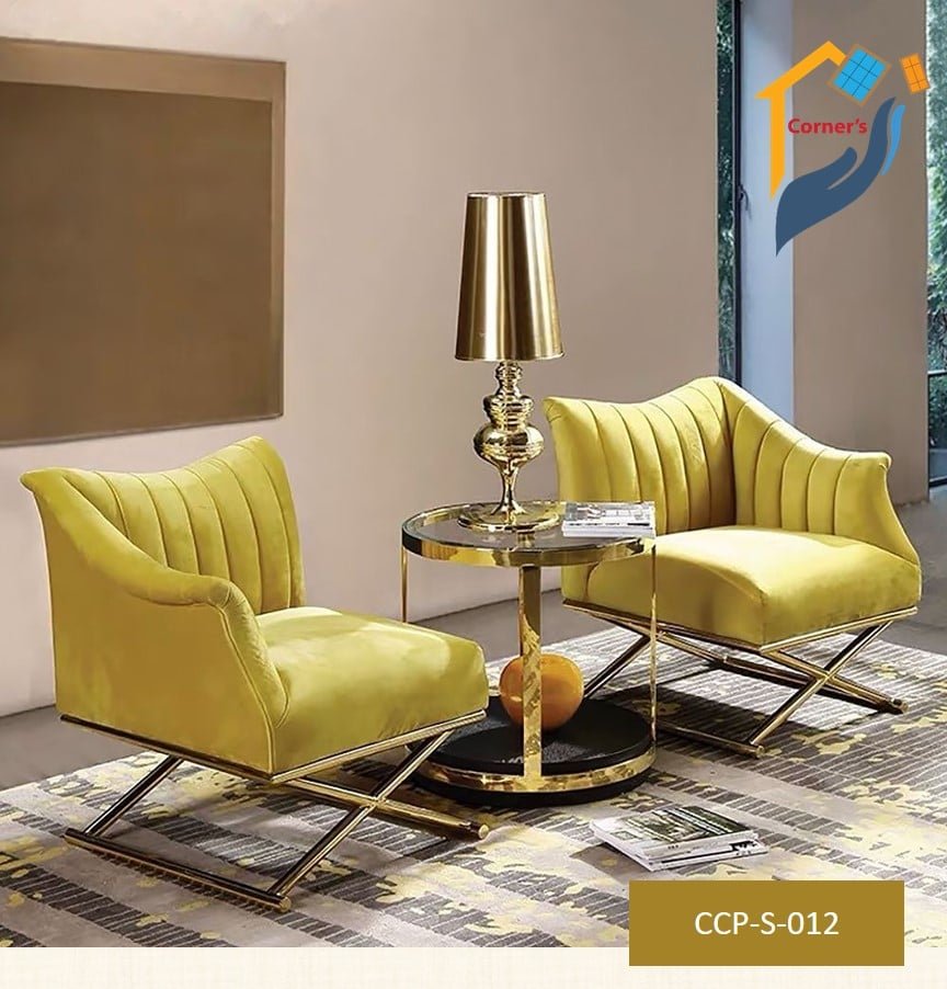 Mordan Sofa made of MS pipe with Golden color Duco paint finish Inner frame Garjan Wood Quality rubber foam with velvet fabric