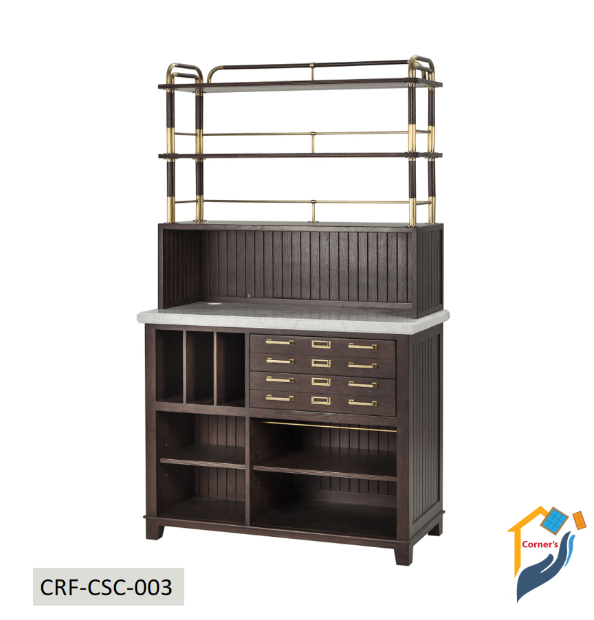 Waiter Station made of heat painted MS pipe Canadian Oak veneer MDF with lacquer polish Mahogony leg Marble top.