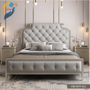 Bedroom bed made of Mahagony wood with duco paint. Inner frame is made of Garjan Gamari wood and Ply board with foam and fabric.