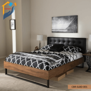 Bedroom bed made of solid Mahagony wood, PLY Board, Mild steel, and head board tufted with PU leather and foam. As per picture.