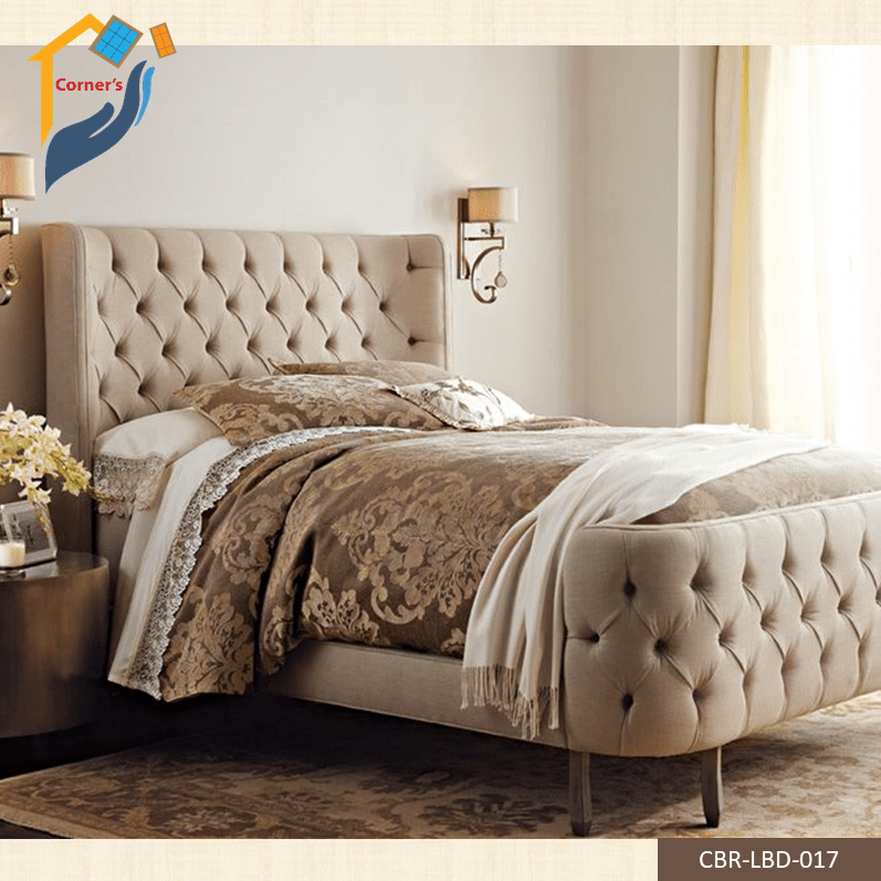 Bedroom bed made of solid Mahagony wood, PLY Board and head board tufted with fabric and foam. As per picture.