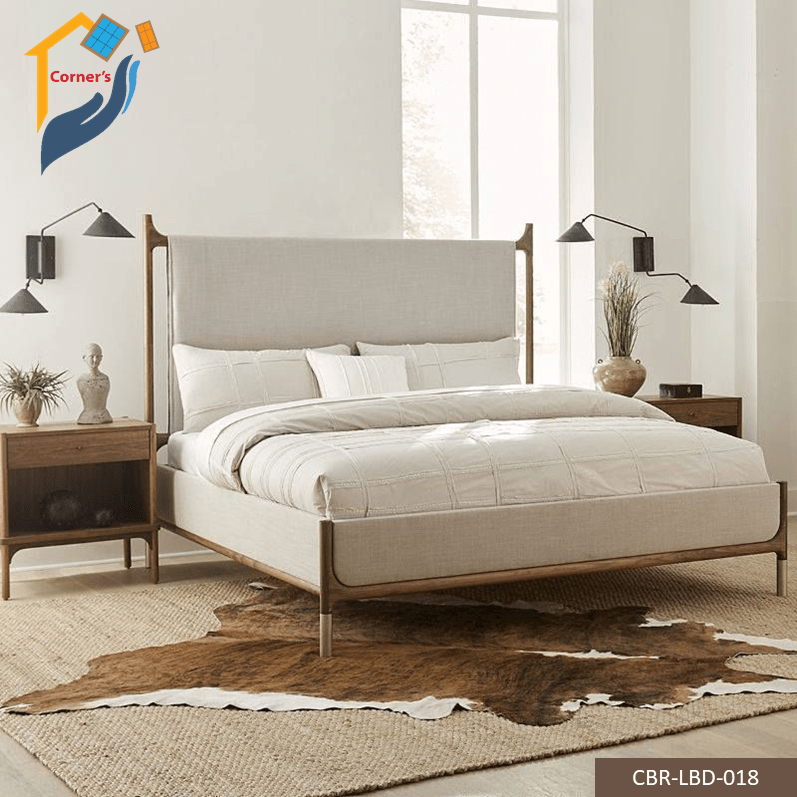 Bedroom bed made of solid Mahagony wood, PLY Board and head board tufted with fabric and foam. As per picture.