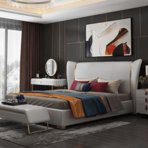 Bedroom bed made of solid Mahagony wood, PLY Board and head board tufted with fabric and foam. As per picture.