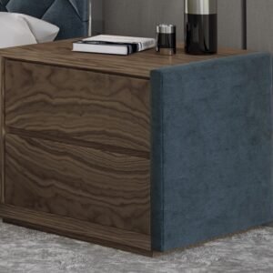 Bedroom bed Side Table made of Solid Mahagony wood and Canadian Oak Veneer MDF board with lacquert finish and one side tufted. As per picture.