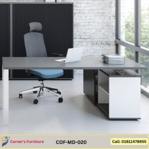 Leg and structure is made of heat painted MS and the top is made of Canadian OAK Veneer MDF with Docu paint / Melamine coated chip board in two color as per picture.