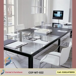 Meeting table The top is made of 10mm tempered glass and MDF board coated with PU leather. The leg and structure is made of heat painted MS box in Black color. sophisticated chic elegant eye-catchy unique simple attractive beautiful